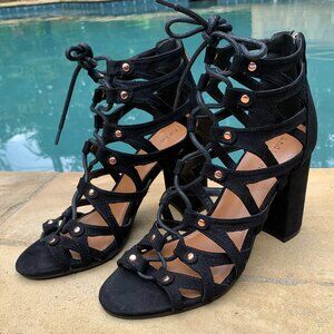 Indigo Rd. Blazen Faux Suede Brass-Riveted Lace-Up Gladiator Block Heels NWOT